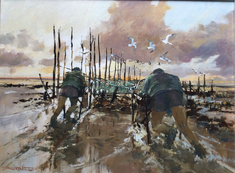 Mudhorse Fishermen approaching their nets at low tide. Selected at last December ROI Annual Exhibition by Roger Jones